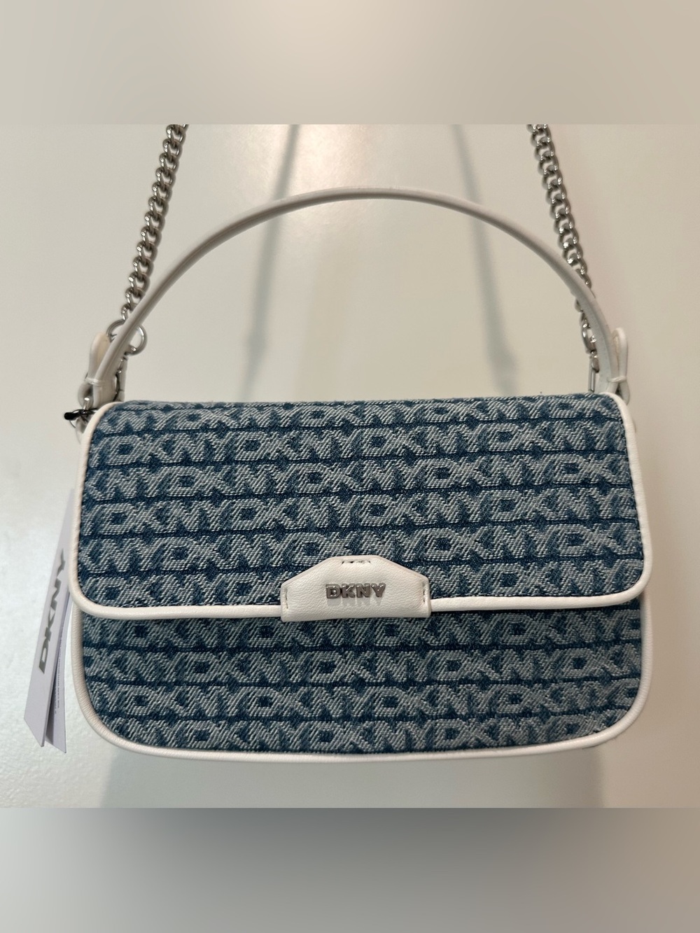 DKNY Denim Jacquard All-Over Logo Wendy Crossbody with White Trim